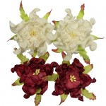 Handmade mulberry Gardenia, dia ~7cm, 4 pcs (2x WHITE, 2x BORDEAUX)